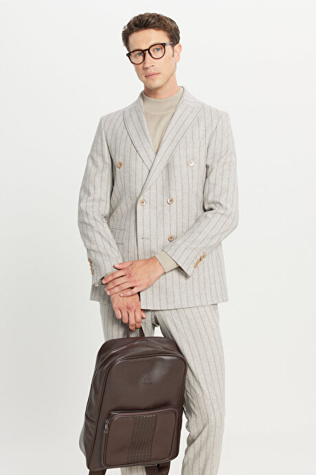 Yünlü Sıcak Tutan Slim Fit Dar Kesim Kırlangıç Yaka Kruvaze Vizon Takım Elbise resmi