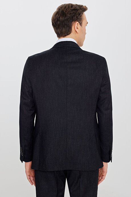 Slim Fit Dar Kesim Kırlangıç Yaka Beli Gizli Lastikli Kapak Cepli Desenli Siyah Takım Elbise resmi