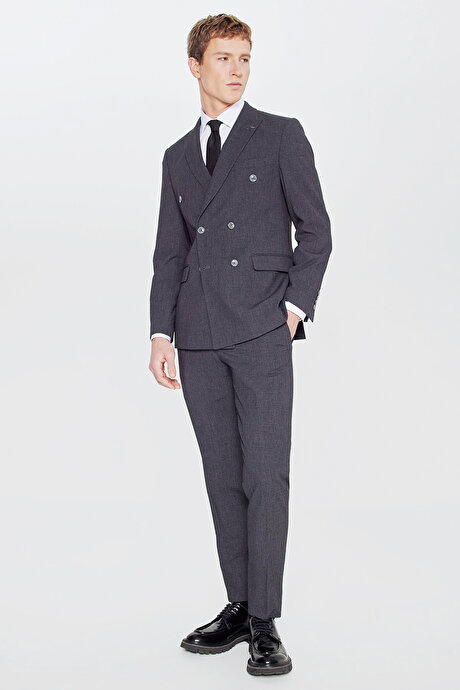 Slim Fit Dar Kesim Kırlangıç Yaka Kapak Cepli Ekose Gofre Desenli Antrasit Takım Elbise resmi