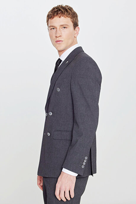 Slim Fit Dar Kesim Kırlangıç Yaka Kapak Cepli Ekose Gofre Desenli Antrasit Takım Elbise resmi