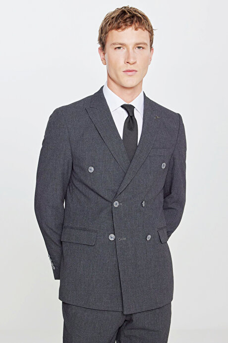 Slim Fit Dar Kesim Kırlangıç Yaka Kapak Cepli Ekose Gofre Desenli Antrasit Takım Elbise resmi
