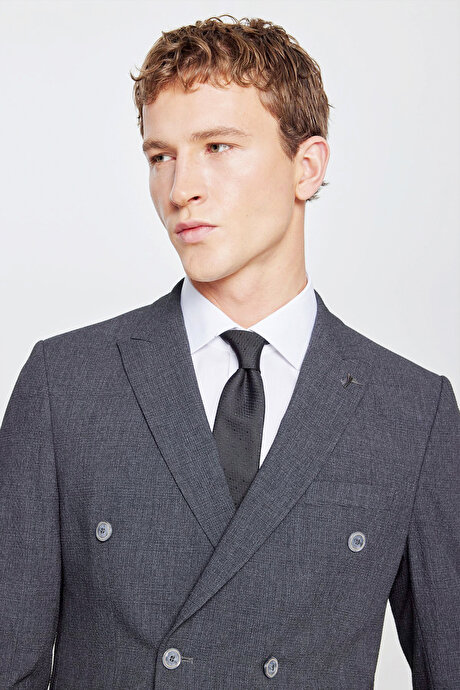 Slim Fit Dar Kesim Kırlangıç Yaka Kapak Cepli Ekose Gofre Desenli Antrasit Takım Elbise resmi