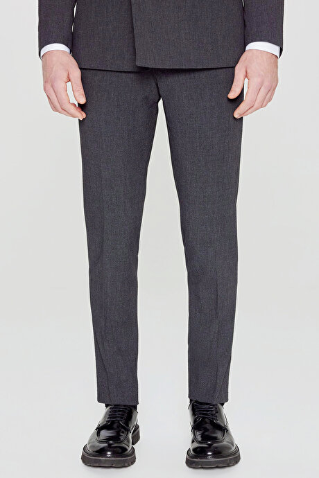 Slim Fit Dar Kesim Kırlangıç Yaka Kapak Cepli Ekose Gofre Desenli Antrasit Takım Elbise resmi