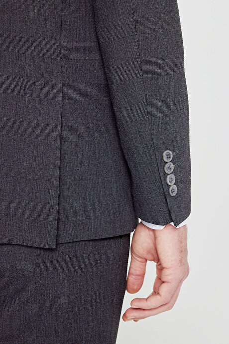 Slim Fit Dar Kesim Kırlangıç Yaka Kapak Cepli Ekose Gofre Desenli Antrasit Takım Elbise resmi