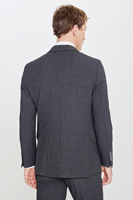 Slim Fit Dar Kesim Kırlangıç Yaka Kapak Cepli Ekose Gofre Desenli Antrasit Takım Elbise resmi