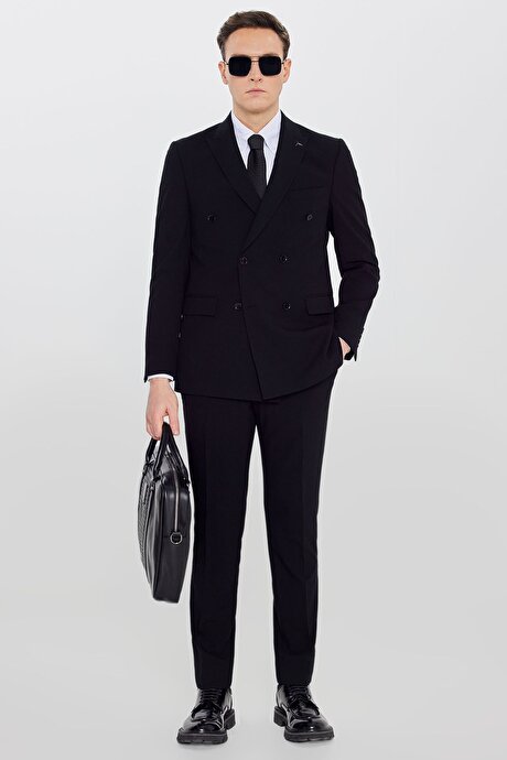 Slim Fit Dar Kesim Kırlangıç Yaka Kapak Cepli Düz Gofre Desenli Kruvaze Siyah Takım Elbise resmi