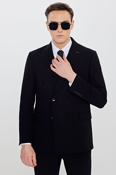 Slim Fit Dar Kesim Kırlangıç Yaka Kapak Cepli Düz Gofre Desenli Kruvaze Siyah Takım Elbise resmi