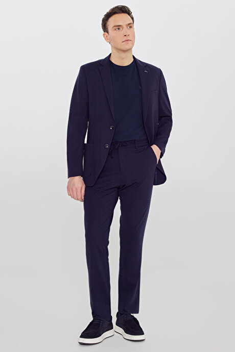 Slim Fit Dar Kesim Mono Yaka Beli Bağlamalı Torba Cepli Lacivert Takım Elbise resmi