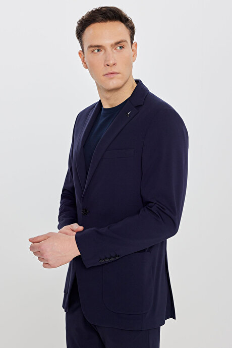 Slim Fit Dar Kesim Mono Yaka Beli Bağlamalı Torba Cepli Lacivert Takım Elbise resmi