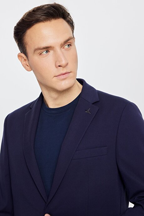 Slim Fit Dar Kesim Mono Yaka Beli Bağlamalı Torba Cepli Lacivert Takım Elbise resmi