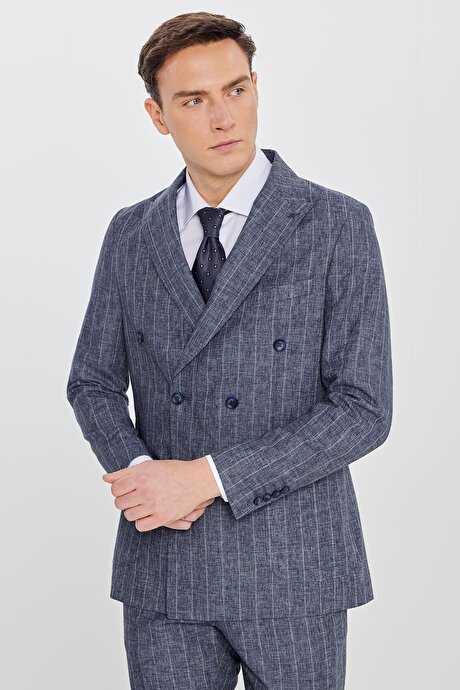 Keten Slim Fit Dar Kesim Kırlangıç Yaka Torba Cepli Çizgili Kruvaze Lacivert Takım Elbise resmi