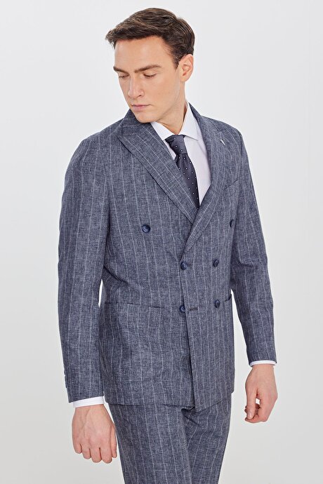 Keten Slim Fit Dar Kesim Kırlangıç Yaka Torba Cepli Çizgili Kruvaze Lacivert Takım Elbise resmi