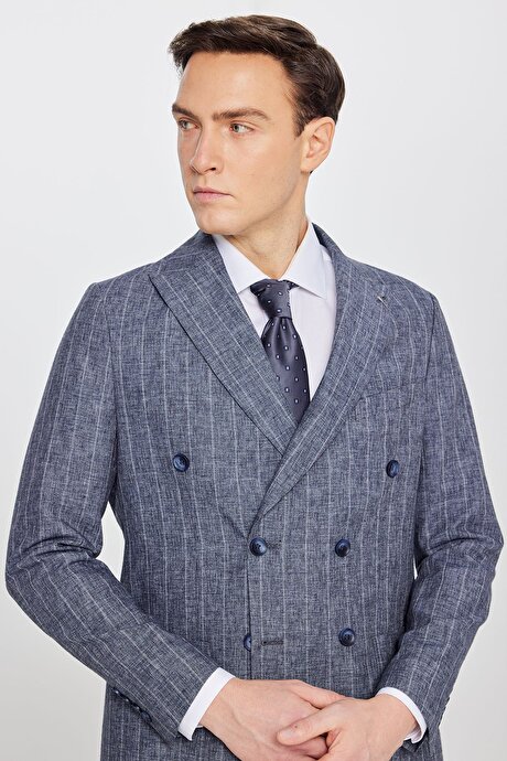 Keten Slim Fit Dar Kesim Kırlangıç Yaka Torba Cepli Çizgili Kruvaze Lacivert Takım Elbise resmi