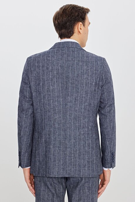 Keten Slim Fit Dar Kesim Kırlangıç Yaka Torba Cepli Çizgili Kruvaze Lacivert Takım Elbise resmi