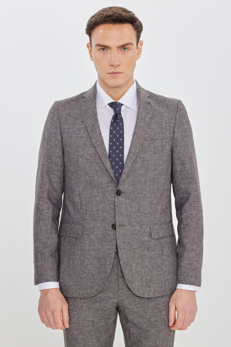 Keten Slim Fit Dar Kesim Mono Yaka Beli Gizli Lastikli Kapak Cepli Kahverengi Takım Elbise resmi