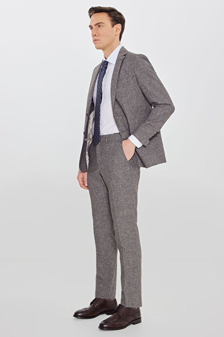 Keten Slim Fit Dar Kesim Mono Yaka Beli Gizli Lastikli Kapak Cepli Kahverengi Takım Elbise resmi