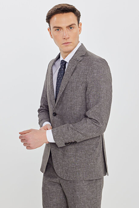 Keten Slim Fit Dar Kesim Mono Yaka Beli Gizli Lastikli Kapak Cepli Kahverengi Takım Elbise resmi