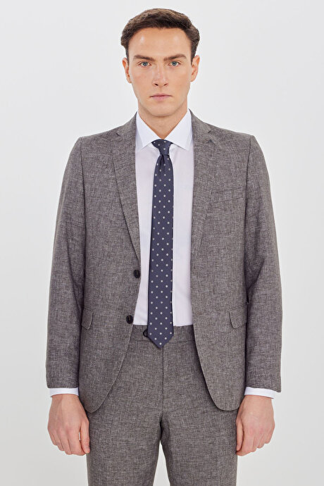 Keten Slim Fit Dar Kesim Mono Yaka Beli Gizli Lastikli Kapak Cepli Kahverengi Takım Elbise resmi