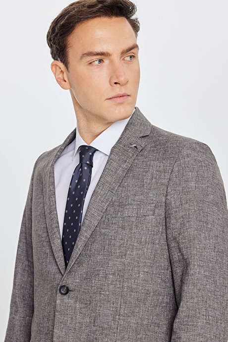 Keten Slim Fit Dar Kesim Mono Yaka Beli Gizli Lastikli Kapak Cepli Kahverengi Takım Elbise resmi