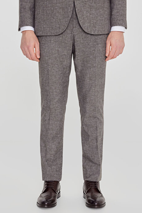 Keten Slim Fit Dar Kesim Mono Yaka Beli Gizli Lastikli Kapak Cepli Kahverengi Takım Elbise resmi