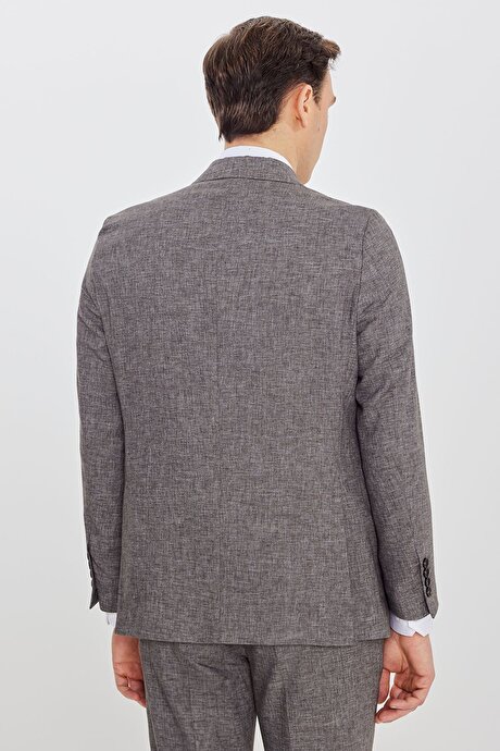 Keten Slim Fit Dar Kesim Mono Yaka Beli Gizli Lastikli Kapak Cepli Kahverengi Takım Elbise resmi