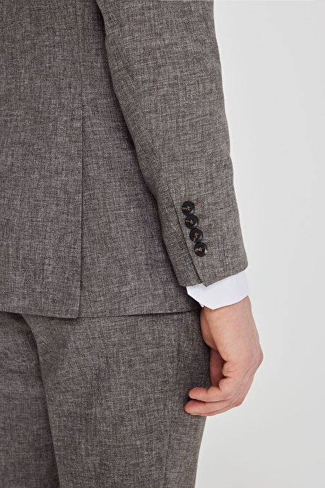 Keten Slim Fit Dar Kesim Mono Yaka Beli Gizli Lastikli Kapak Cepli Kahverengi Takım Elbise resmi