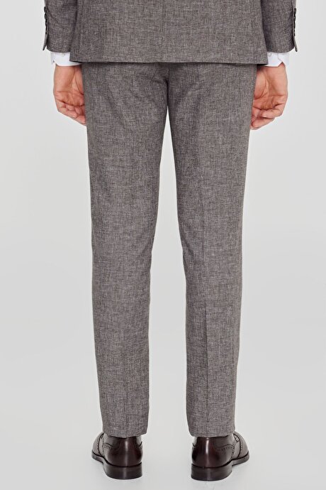 Keten Slim Fit Dar Kesim Mono Yaka Beli Gizli Lastikli Kapak Cepli Kahverengi Takım Elbise resmi