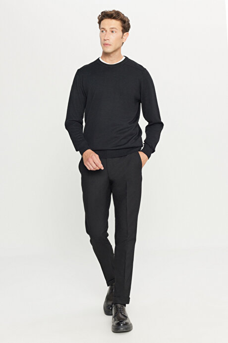 Yünlü Standart Fit Normal Kesim Bisiklet Yaka Triko Basic Siyah Kazak resmi