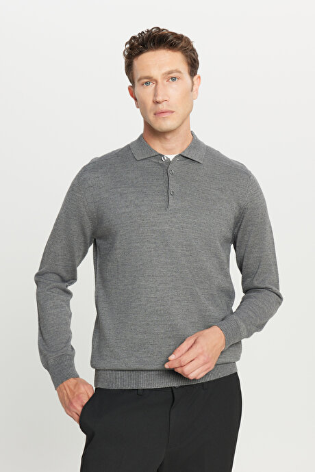 Yünlü Standart Fit Normal Kesim Polo Yaka Basic Triko Gri Melanj Kazak resmi