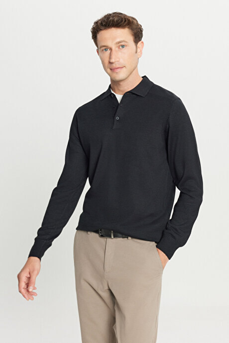 Yünlü Standart Fit Normal Kesim Polo Yaka Basic Triko Siyah Kazak resmi