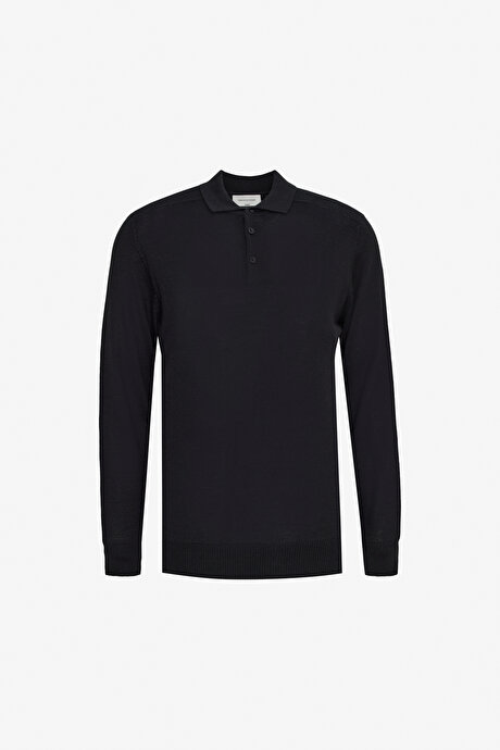Yünlü Standart Fit Normal Kesim Polo Yaka Basic Triko Siyah Kazak resmi
