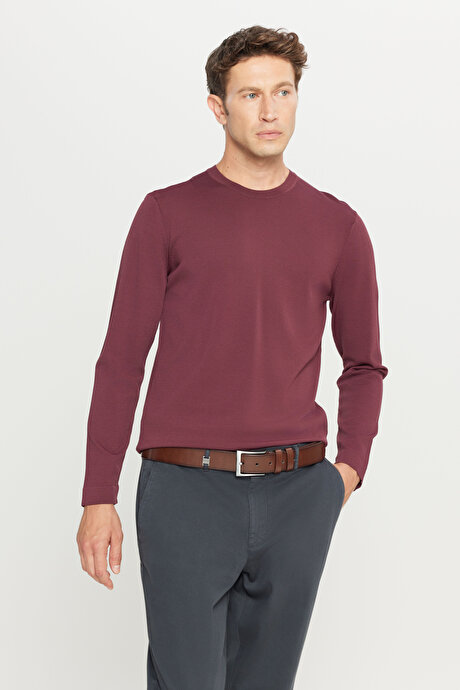 Standart Fit Normal Kesim Bisiklet Yaka Triko Basic Bordo Kazak resmi