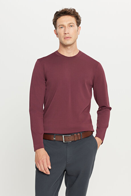 Standart Fit Normal Kesim Bisiklet Yaka Triko Basic Bordo Kazak resmi