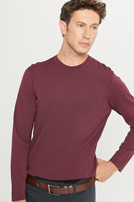 Standart Fit Normal Kesim Bisiklet Yaka Triko Basic Bordo Kazak resmi