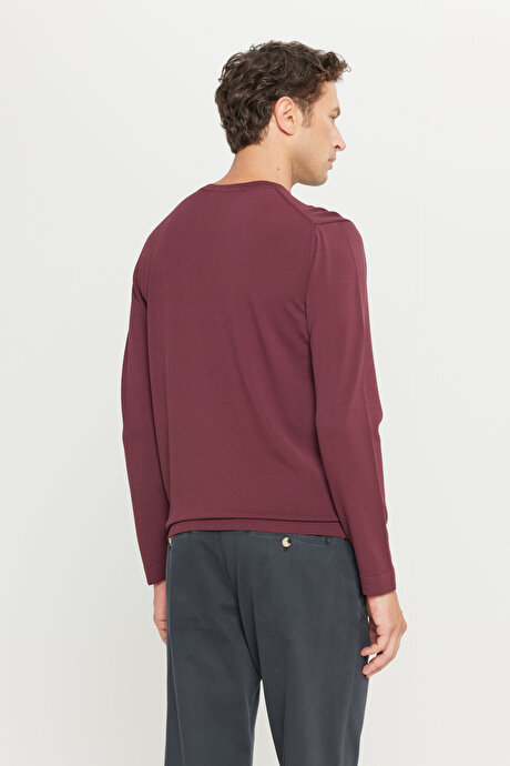 Standart Fit Normal Kesim Bisiklet Yaka Triko Basic Bordo Kazak resmi
