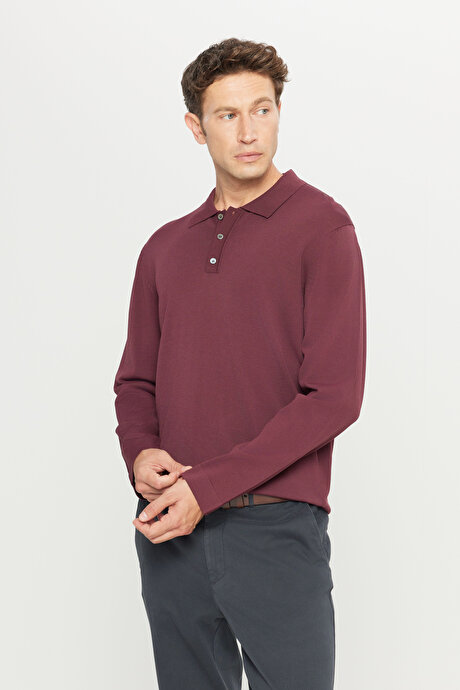 Standart Fit Normal Kesim Polo Yaka Basic Triko Bordo Kazak resmi