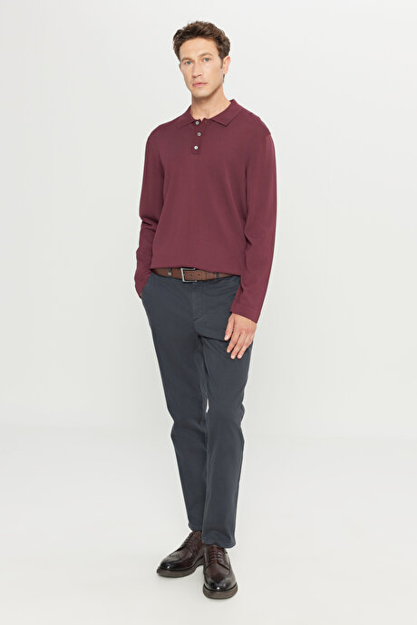 Standart Fit Normal Kesim Polo Yaka Basic Triko Bordo Kazak resmi