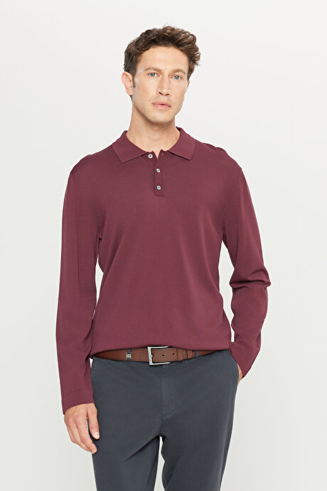 Standart Fit Normal Kesim Polo Yaka Basic Triko Bordo Kazak resmi