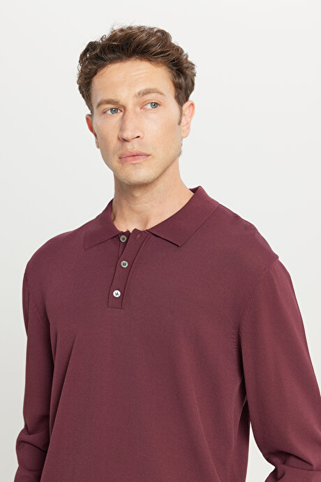 Standart Fit Normal Kesim Polo Yaka Basic Triko Bordo Kazak resmi