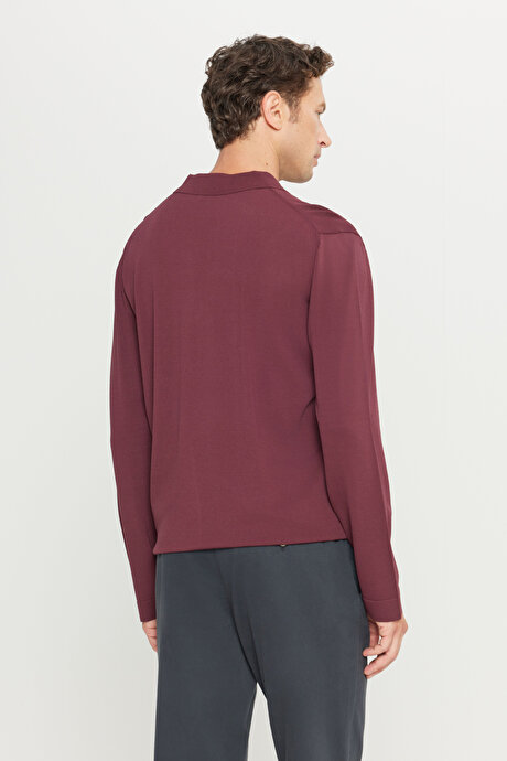 Standart Fit Normal Kesim Polo Yaka Basic Triko Bordo Kazak resmi