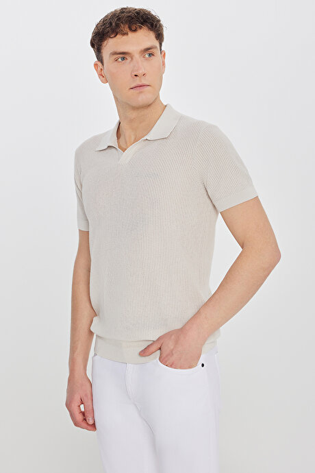 %100 Pamuk Standart Fit Normal Kesim Polo Yaka Triko Taş Tişört resmi