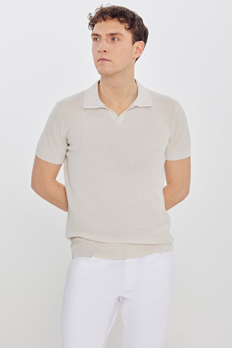 %100 Pamuk Standart Fit Normal Kesim Polo Yaka Triko Taş Tişört resmi