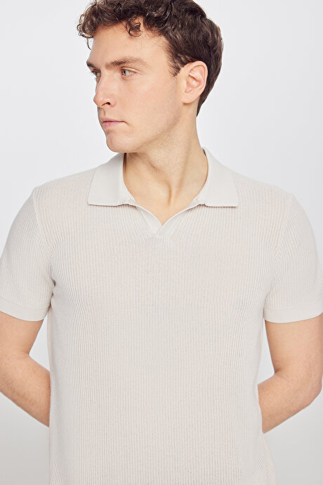 %100 Pamuk Standart Fit Normal Kesim Polo Yaka Triko Taş Tişört resmi