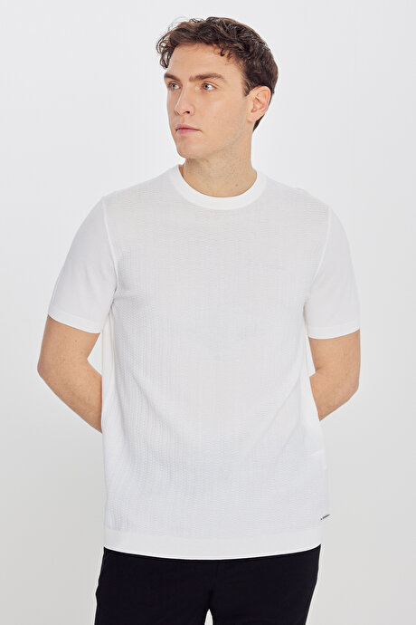 Standart Fit Normal Kesim Bisiklet Yaka Jakarlı Triko Ekru Tişört resmi