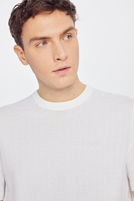 Standart Fit Normal Kesim Bisiklet Yaka Jakarlı Triko Ekru Tişört resmi