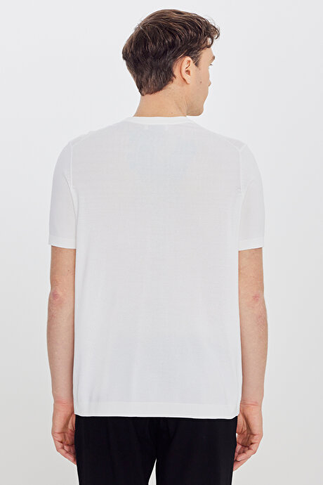 Standart Fit Normal Kesim Bisiklet Yaka Jakarlı Triko Ekru Tişört resmi