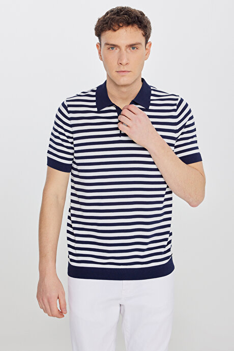 Standart Fit Normal Kesim Polo Yaka Çizgili Triko Lacivert-Ekru Tişört resmi