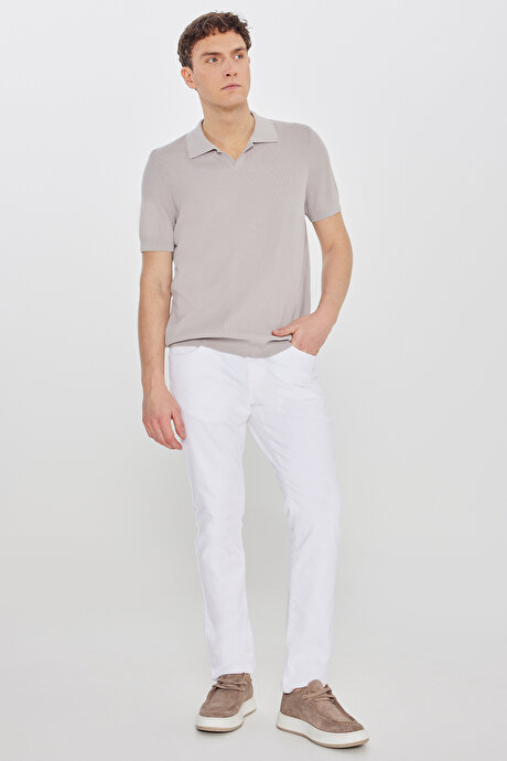 %100 Pamuk Standart Fit Polo Yaka Jakarlı Triko Açık Bej Tişört resmi
