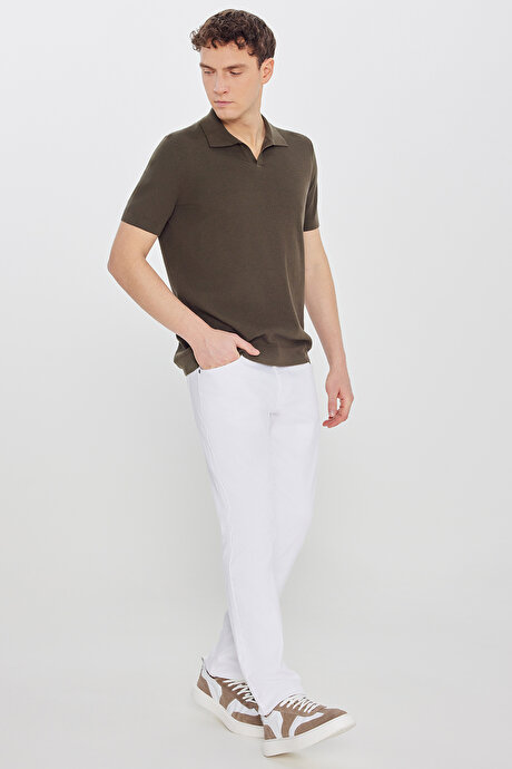 %100 Pamuk Standart Fit Polo Yaka Jakarlı Triko Haki Tişört resmi