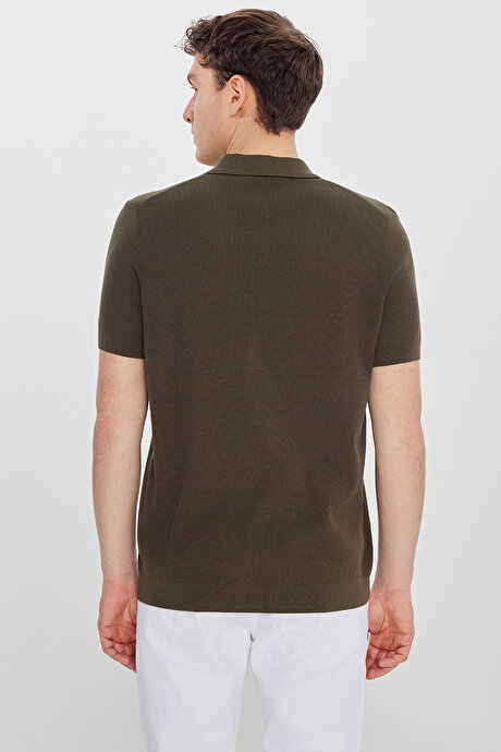 %100 Pamuk Standart Fit Polo Yaka Jakarlı Triko Haki Tişört resmi